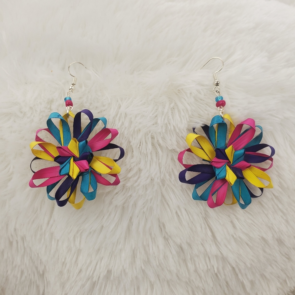 Mexican Colorful Straw Flower Earrings